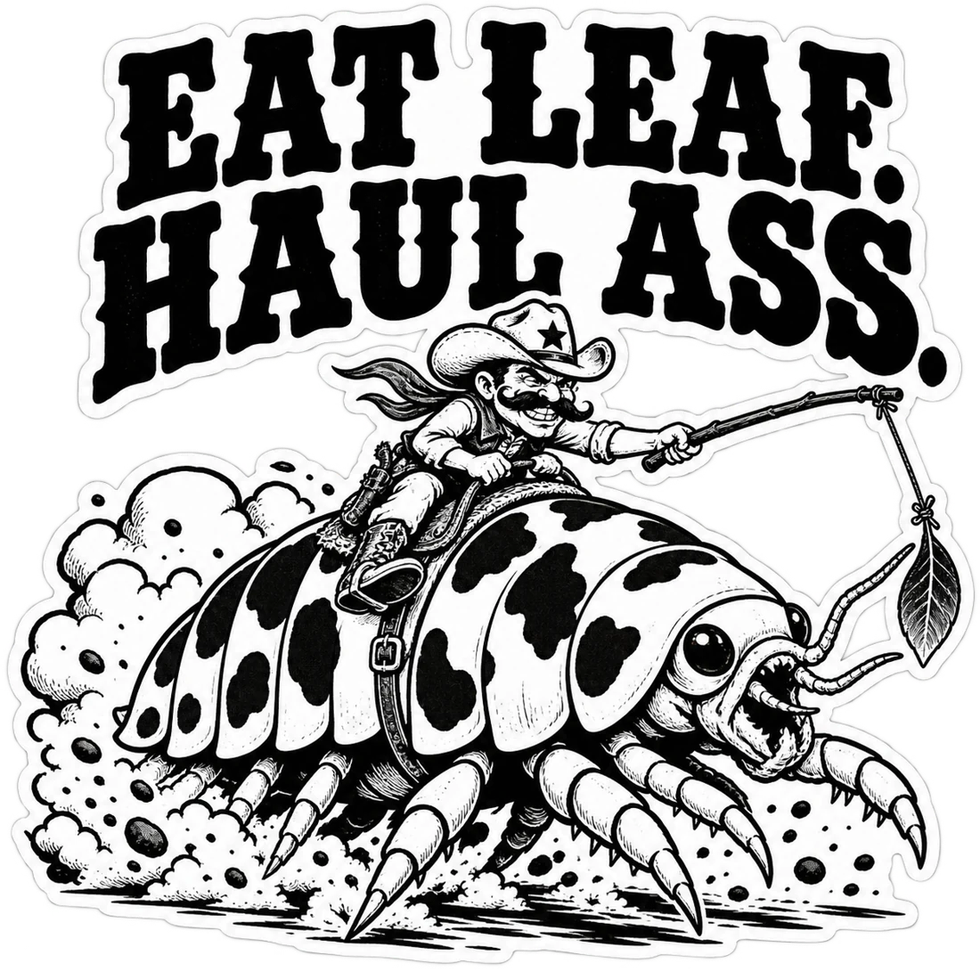 A cowboy rides a dairy cow isopod chasing a live oak leaf.